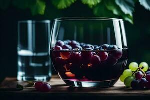 a glass of wine and grapes on a table. AI-Generated photo