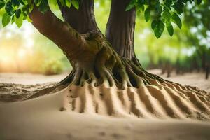 a tree with roots growing out of the sand. AI-Generated photo