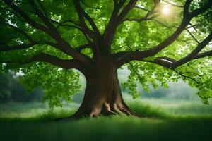 un grande árbol con verde hojas en el medio de un campo. generado por ai foto