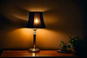 a lamp on a table in a dark room. AI-Generated photo