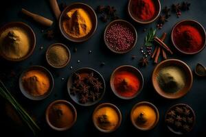 various spices and herbs in bowls on a black background. AI-Generated photo