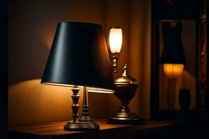 a black lamp on a table next to a mirror. AI-Generated photo