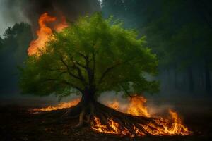 a tree with flames coming out of it. AI-Generated photo