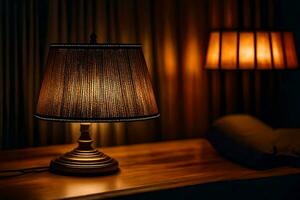 a lamp on a table in a dark room. AI-Generated photo