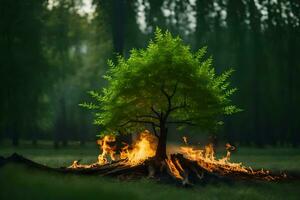 a tree is on fire in the middle of a field. AI-Generated photo