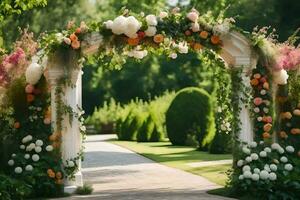 an archway with flowers and greenery. AI-Generated photo