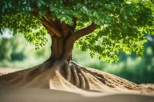 un árbol con raíces creciente fuera de el arena. generado por ai foto