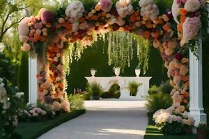 a wedding arch decorated with flowers and greenery. AI-Generated photo