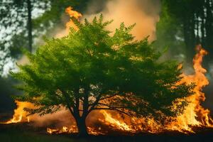 a tree is burning in the forest. AI-Generated photo