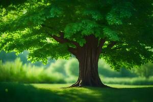 un árbol es en pie en el medio de un campo. generado por ai foto