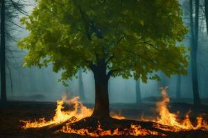 a tree is burning in the middle of a forest. AI-Generated photo