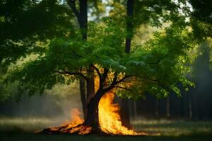 a tree is burning in the middle of a field. AI-Generated photo