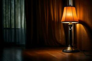 a lamp on a table in front of a window. AI-Generated photo