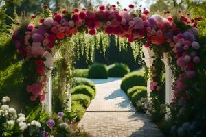 a walkway with flowers and greenery in the background. AI-Generated photo