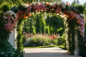 un Boda arco decorado con flores y verdor. generado por ai foto