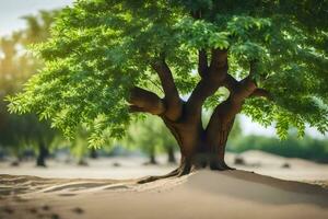 a tree in the desert with sand and trees. AI-Generated photo