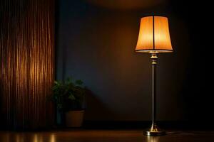 a lamp on a wooden floor in a dark room. AI-Generated photo