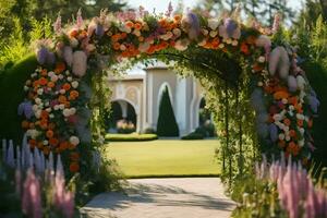 a flower archway is decorated with colorful flowers. AI-Generated photo