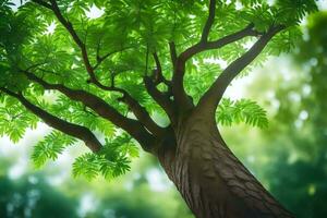 a tree with green leaves in the forest. AI-Generated photo