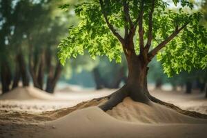 a tree growing out of the sand in the desert. AI-Generated photo