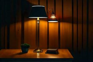 a lamp on a table next to a book. AI-Generated photo