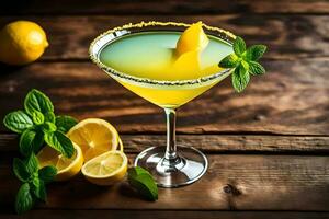 a cocktail with lemon and mint on a wooden table. AI-Generated photo