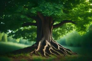 un grande árbol con raíces en el medio de un campo. generado por ai foto