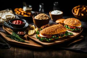 a wooden tray with sandwiches and other foods. AI-Generated photo