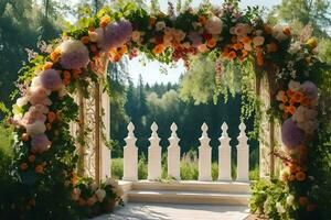 an archway with flowers and greenery. AI-Generated photo