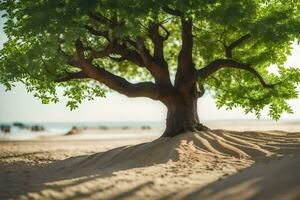 a tree on the beach with sand and water. AI-Generated photo