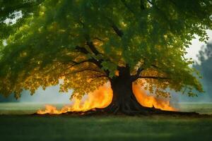 a tree with flames coming out of it in the middle of a field. AI-Generated photo