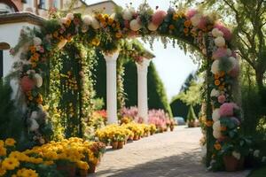 a wedding arch decorated with flowers and plants. AI-Generated photo