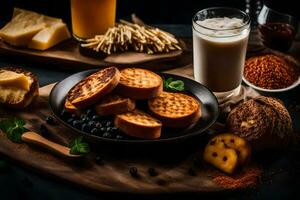 foods on a table with milk, bread and cheese. AI-Generated photo