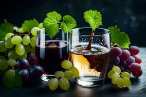 dos lentes de vino y uvas en un oscuro antecedentes. generado por ai foto