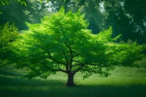 a tree in the middle of a green field. AI-Generated photo