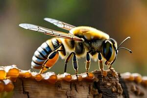 un abeja es sentado en un Iniciar sesión con Miel. generado por ai foto