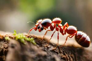 an ant is walking on a log. AI-Generated photo