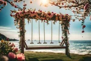 wedding swing by the sea. AI-Generated photo