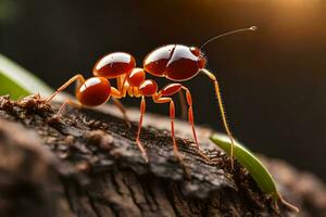 a red ant is standing on a log. AI-Generated photo