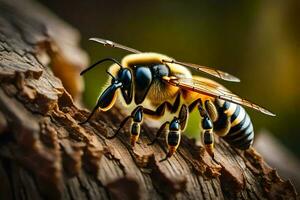 un abeja con amarillo y negro rayas en sus atrás. generado por ai foto