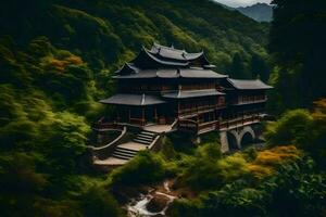 a chinese house in the mountains. AI-Generated photo