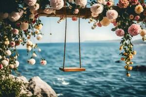 the swing is hanging from a wooden frame with flowers hanging from it. AI-Generated photo