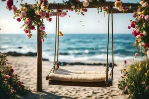 a swing on the beach with flowers. AI-Generated photo