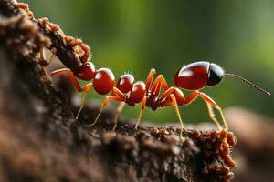 un rojo hormiga gateando en un árbol trompa. generado por ai foto