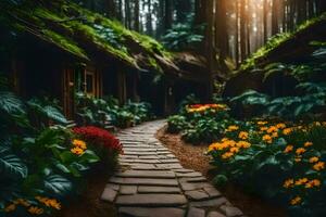 a path through a forest with flowers and trees. AI-Generated photo