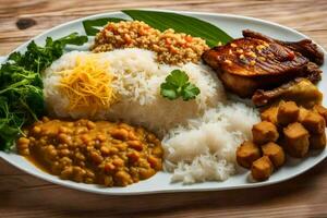 el comida es servido en un plato con arroz, pollo, vegetales y un verde hoja. generado por ai foto