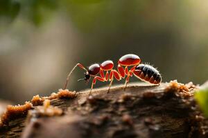 a red ant is standing on a log. AI-Generated photo