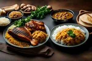 a table with food and bowls of rice. AI-Generated photo
