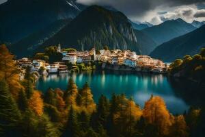 the village of lake borgo is surrounded by mountains and trees. AI-Generated photo