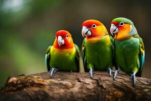 three colorful birds sitting on a branch. AI-Generated photo